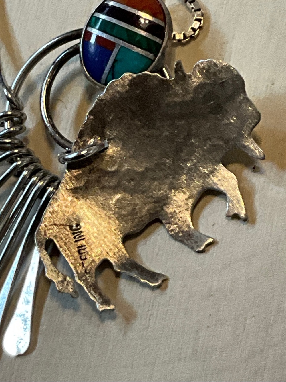 Sterling Silver Buffalo Pendant Necklace with Multicolor Inlay - Picture 7 of 14